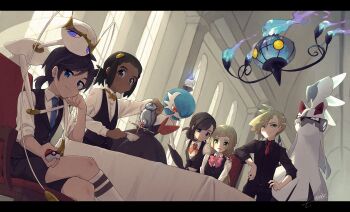 2girls 3boys absurdres alternate_color alternate_costume alternate_hairstyle antennae black_hair black_vest blonde_hair blue_eyes bow bowtie brother_and_sister chair chandelure closed_mouth colored_sclera colored_skin commentary_request crossed_legs cup dark-skinned_male dark_skin elio_(pokemon) floating gardevoir gen_3_pokemon gen_5_pokemon gen_7_pokemon gladion_(pokemon) green_eyes green_hair hand_on_another's_shoulder hau_(pokemon) highres holding holding_poke_ball joints legendary_pokemon letterboxed lillie_(pokemon) litwick long_hair long_sleeves miu_(miuuu_721) multiple_boys multiple_girls necktie nintendo parted_lips pheromosa plate poke_ball poke_ball_(basic) pokemon pokemon_(creature) pokemon_sm ponytail pouring purple_sclera selene_(pokemon) shiny_pokemon short_hair short_sleeves shorts siblings signature silvally sitting smile standing table teacup teapot ultra_beast very_long_hair vest white_skin window