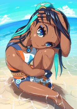 Rule 34 | 1girl, arm up, beach, belly chain, bikini, black hair, blue eyes, blue eyeshadow, closed mouth, dark-skinned female, dark skin, earrings, eyeshadow, fisheye, gloves, green eyes, hair bun, hand on own head, head on knee, head tilt, hoop earrings, horizon, jewelry, kakuchoshi, knee up, long hair, looking at viewer, makeup, multicolored hair, nessa (pokemon), nintendo, ocean, on ground, partially fingerless gloves, pokemon, pokemon swsh, sand, sandals, single glove, single hair bun, sitting, smile, solo, swimsuit, tankini, toes, two-tone hair, water, wet, wet face, wet hair