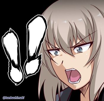 ! !! 1girl black_background blue_eyes eyes_visible_through_hair girls_und_panzer grey_hair hair_between_eyes hokuto_no_ken itsumi_erika konbuchimaki kuromorimine_school_uniform long_hair open_mouth school_uniform simple_background solo teeth twitter_username wing_collar