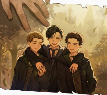 3boys animification black_coat black_hair black_robe blonde_hair brown_hair closed_eyes coat commentary day fake_photograph freckles green_necktie harry_potter_(series) highres hogwarts_legacy hogwarts_school_uniform hooded_robe hug hug_from_behind male_focus multiple_boys necktie ominis_gaunt outdoors photo_(object) protagonist_(hogwarts_legacy) ravenclaw robe school_uniform sebastian_sallow short_hair slytherin striped_necktie tree wizarding_world yasei_akazome