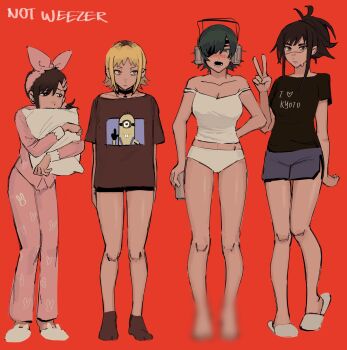 Rule 34 | album cover redraw, animal slippers, arms behind back, barefoot, beer can, black choker, black hair, black socks, blonde hair, blush, breasts, brown eyes, brown hair, bunny slippers, camisole, can, censored, censored feet, chainsaw man, character print, choker, cleavage, derivative work, despicable me, drink can, eyepatch, green eyes, hair ornament, hairband, hairclip, higashiyama kobeni, highres, himeno (chainsaw man), holding, holding can, hugging object, liowig, looking at viewer, looking down, looking to the side, makeshift headset, medium breasts, medium hair, minion (despicable me), mosaic censoring, multicolored hair, off shoulder, open mouth, pajamas, panties, pillow, pillow hug, pink hairband, pink pajamas, pointless censoring, ponytail, red background, red eyes, roots (hair), sawatari akane (chainsaw man), scar, scar on face, scar on nose, short hair, short ponytail, short shorts, shorts, simple background, single sidelock, slippers, slit pupils, socks, standing, swept bangs, tendou michiko, underwear, v, weezer (band), weezer (red album), white camisole, white panties