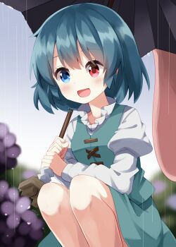 1girl :d blue_eyes blue_hair blue_skirt blue_vest blush commentary_request feet_out_of_frame flower heterochromia highres holding holding_umbrella hydrangea juliet_sleeves karakasa_obake long_sleeves open_mouth outdoors puffy_sleeves purple_flower purple_umbrella rain red_eyes ruu_(tksymkw) shirt short_hair skirt smile solo squatting tatara_kogasa touhou umbrella vest white_shirt