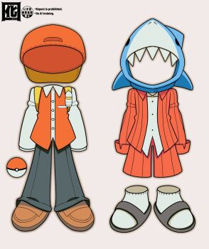 Rule 34 | absurdres, animal hat, baseball cap, clothes focus, commentary request, hat, highres, jacket, nintendo, no humans, otori 0, poke ball, pokemon, randal&#039;s friends, red jacket, red shorts, shark hat, shorts, simple background, striped clothes, striped jacket, striped shorts