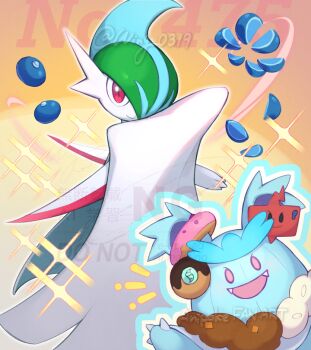 1girl berry_(pokemon) closed_mouth commentary_request donut food gallade gen_4_pokemon mascot_costume mega_gallade mega_pokemon nidothing nintendo oran_berry outline pokemon pokemon_(anime) pokemon_(creature) pokemon_horizons red_eyes rotom rotom_phone sliced_fruit slicing smile sparkle twitter_username watermark wing_(wing_0319)