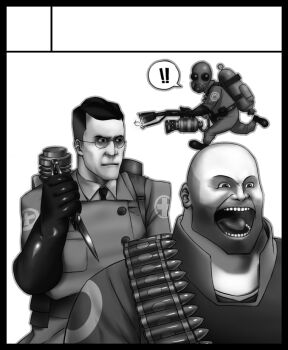 Rule 34 | !, 3boys, bald, bandolier, belt, circle cut, drymon, facial hair, flamethrower, gas mask, glasses, gloves, greyscale, heavy (tf2), holding flamethrower, holding weapon, knife, lab coat, male focus, mask, medic (tf2), monochrome, multiple boys, necktie, open mouth, pyro (tf2), rubber gloves, spy (tf2), stubble, team fortress 2, weapon