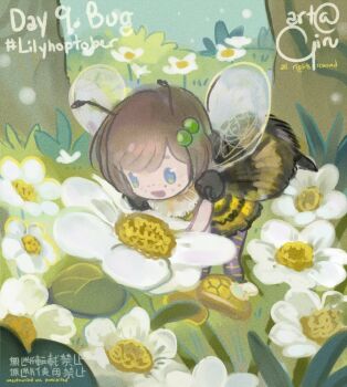 1girl antennae bee blue_eyes brown_hair bug flower freckles girutea hair_ornament indie_virtual_youtuber insect insect_wings lily_hopkins open_mouth short_hair solo striped_clothes virtual_youtuber watermark white_flower wings