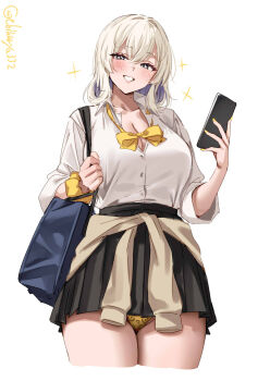 1girl artist_name bag black_skirt blonde_hair blush breasts cardigan cardigan_around_waist cleavage clothes_around_waist collarbone collared_shirt commentary_request cropped_legs dress_shirt ebifurya gloire_(kancolle) gloire_kai_(kancolle) gloire_kai_(setsubun)_(kancolle) grin hair_between_eyes hair_intakes hand_up high-waist_skirt highres holding holding_phone kantai_collection large_breasts looking_at_viewer medium_hair mole mole_on_neck multicolored_hair nail_polish one-hour_drawing_challenge panties phone pleated_skirt purple_hair school_bag scrunchie shirt shirt_tucked_in sidelocks simple_background skirt smile solo thigh_gap thighs twitter_username two-tone_hair underwear white_background white_shirt wrist_scrunchie yellow_nails yellow_panties yellow_scrunchie