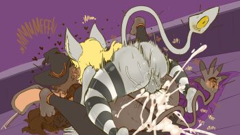 1futa 1girl animal_ears ass blonde_hair blush breasts brown_hair cum cum_in_pussy deep_penetration english_text fakeryway furry furry_female futa_with_female futanari hat huge_breasts long_hair lying lying_on_person mating_press nipples on_person open_mouth original penis tail testicles vaginal wizard wizard_hat