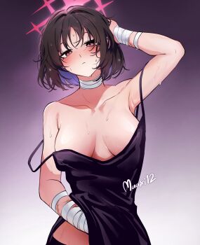 1girl absurdres armpits artist_name bandaged_neck bandaged_wrist bandages black_camisole blue_archive breasts brown_hair camisole collarbone colored_inner_hair commentary halo hand_on_own_head hand_under_clothes hand_under_shirt highres large_breasts maaki12 misaki_(blue_archive) multicolored_hair off_shoulder red_halo scar scar_on_arm shirt short_hair solo spaghetti_strap star_halo strap_slip sweat symbol-only_commentary
