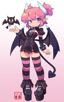 absurdres aprilis_(rin_nightmare) black_dress collar commentary cropped_jacket demon demon_girl demon_horns demon_tail demon_wings dress elbow_gloves gloves highres horns pink_hair platform_shoes pointy_ears purple_eyes rin_nightmare striped_clothes striped_thighhighs tail thighhighs wings wrist_cuffs