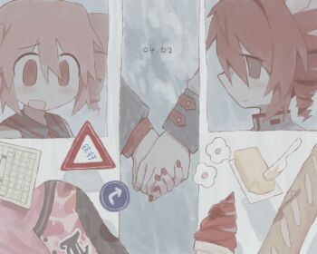 baguette bread commentary drill_hair food holding_hands ice_cream kasane_teto kasane_teto_(sv) long_sleeves meltypen red_eyes red_hair red_nails road_sign sign synthesizer_v twin_drills utau