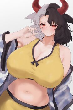1girl absurdres animal_ears blush breasts cleavage closed_mouth collarbone cow_ears cow_girl cow_horns grey_background grey_hair groin haori highres horns japanese_clothes looking_at_viewer moriforest1040 multicolored_hair navel red_eyes red_horns short_hair simple_background solo sports_bra stomach touhou two-tone_hair ushizaki_urumi yellow_sports_bra