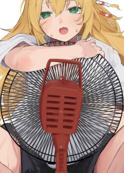 1girl beads black_shorts blonde_hair electric_fan fanning fanning_breasts green_eyes hair_beads hair_ornament highres pocche-ex shirt shorts sweat tsurumaki_maki voiceroid white_shirt