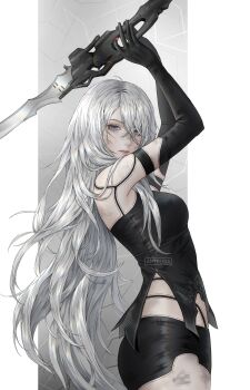 1girl a2_(nier:automata) android artelsia artist_name black_gloves black_shirt blue_eyes breasts commentary cowboy_shot elbow_gloves from_side gloves highres holding holding_sword holding_weapon long_hair looking_at_viewer looking_to_the_side medium_breasts nier:automata nier_(series) shirt solo sword weapon white_hair