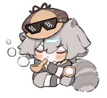 Rule 34 | 1boy, animal ears, beret, black coat, black gloves, blush, brown hat, brown ribbon, caelus (honkai: star rail), chibi, chibi only, closed eyes, closed mouth, coat, commentary request, deal with it (meme), detective, eyewear on headwear, fingerless gloves, gloves, grey hair, hair between eyes, hand on own chin, hand up, hat, hat ribbon, holding, holding magnifying glass, honkai: star rail, honkai (series), hood, hooded coat, kemonomimi mode, leonrui, long sleeves, lowres, magnifying glass, male focus, meme, open clothes, open coat, plaid hat, raccoon ears, raccoon tail, ribbon, short hair, simple background, smoking, smoking pipe, solo, sunglasses, tail, trailblazer (honkai: star rail), two-sided coat, two-sided fabric, upper body, v-shaped eyebrows, white background, yellow coat