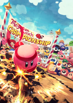 absurdres adeleine artist_name audience bandana bandana_waddle_dee banner beret birdo blue_bandana blue_sky blush blush_stickers bounder bow boxboy! bronto_burt buttons cappy_(kirby) chilly_(kirby) closed_eyes closed_mouth cloud commentary_request corori crack day elfilin energy fighter_kirby flaming_hand frown full_body gloves gooey_(kirby) gordo green_headwear green_shirt hal_laboratory hat hataraku_ufo headband helmet highres jobski kabu_(kirby) kirby kirby&#039;s_dream_land_3 kirby_(series) kirby_64 long_sleeves luigi mario mario_(series) motion_lines mr._frosty n-z needlous nintendo no_humans noddy_(kirby) open_mouth outdoors overalls polof poppy_bros_jr punching qbby red_bow red_headband red_headwear red_ribbon ribbon rocky_(kirby) scarfy serious shirt sir_kibble sitting sky smile snowman sparky_(kirby) star_(symbol) starman_(kirby) suyasuyabi teeth toad_(mario) twitter_username twizzy ufo ufo_(kirby) upper_teeth_only v-shaped_eyebrows waddle_dee waddle_doo wheelie_(kirby) white_gloves wide-eyed zebon
