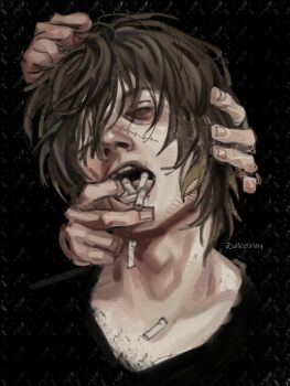 1boy 2others alicelirmy bags_under_eyes beard_stubble black_eyes black_shirt brown_hair cigarette disembodied_hand exhausted facial_hair grabbing_another&#039;s_hair hashtag-only_commentary head_tilt highres holding_another&#039;s_hair looking_at_viewer mouth_pull multiple_others one_eye_covered open_mouth out_of_frame shirt short_hair slow_damage stitches stubble too_many_cigarettes towa_(slow_damage)