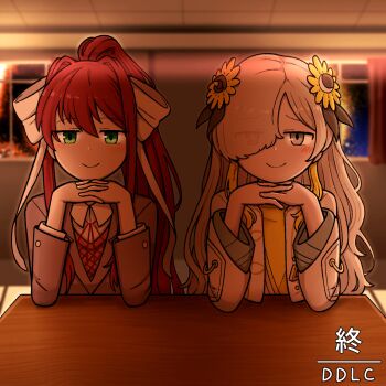 Rule 34 | 2girls, brown hair, closed mouth, collared shirt, commentary request, doki doki literature club, dress, elbows on table, eyes visible through hair, flower, green eyes, grey eyes, grey hair, grey jacket, hair flower, hair ornament, hair over one eye, heterochromia, highres, indoors, interlocked fingers, isekaijoucho, jacket, just monika (meme), kamitsubaki studio, long hair, looking at viewer, meme, monika (doki doki literature club), multiple girls, ponytail, red eyes, shirt, shrug (clothing), sitting, smile, t masoppu, table, virtual youtuber, white shirt, white shrug, wooden table, yellow dress, yellow flower