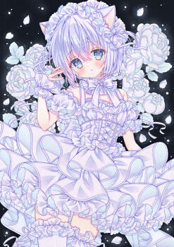 Rule 34 | 1girl, animal ears, bare shoulders, blue bow, blue bowtie, blue dress, blue eyes, blue hair, blue thighhighs, blue wrist cuffs, blush, bow, bowtie, cat ears, commentary, detached sleeves, dress, frilled hairband, frilled thighhighs, frilled wrist cuffs, frills, hair between eyes, hairband, hand up, highres, looking at viewer, original, parted lips, puu (kari---ume), sleeveless, sleeveless dress, solo, thighhighs, untranslatable commentary, wrist cuffs