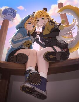 1boy 1girl animal_ears black_gloves black_shorts blonde_hair blue_eyes bridget_(guilty_gear) colored_inner_hair cropped_jacket crossover fingerless_gloves ghhoward gloves green_eyes guilty_gear interlocked_fingers jacket ju_fufu long_hair looking_at_viewer medium_hair multicolored_hair shorts smile tail thigh_strap tiger_ears tiger_girl tiger_tail trap two-tone_hair yellow_jacket zenless_zone_zero