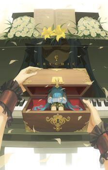 bang_dream! bang_dream!_it&#039;s_mygo!!!!! black_mask black_ribbon black_wrist_cuffs blue_hair chinese_commentary commentary_request dododo_(fightingdodo) dual_persona flower green_skirt grey_jacket hair_ribbon haneoka_school_uniform highres instrument jacket long_hair long_sleeves lyrics mask masquerade_mask mini_person oblivionis_(bang_dream!) piano plaid_clothes plaid_skirt pleated_skirt ribbon rose school_uniform skirt togawa_sakiko treasure_chest white_flower white_rose wrist_cuffs