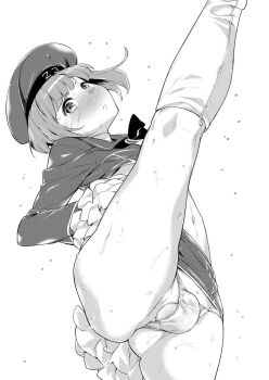 10s 1boy bad_id bad_twitter_id blush bulge dress genderswap genderswap_(ftm) greyscale hat highres inactive_account kantai_collection leg_lift male_focus mario_(mario_portal) monochrome panties pom_pom_(cheerleading) sailor_dress sailor_hat short_hair skirt solo testicles trap underwear upskirt z3_max_schultz_(kancolle)