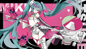 1girl bare_shoulders black_sleeves blush boots character_name closed_mouth commentary cowboy_shot crop_top cropped_shirt dan_huang_su_tankou detached_sleeves double-parted_bangs goodsmile_company goodsmile_racing green_eyes green_hair hair_between_eyes hatsune_miku highres holding holding_megaphone lace-up_boots long_hair long_sleeves looking_at_viewer megaphone navel pink_background racing_miku racing_miku_(2025) red_thighhighs shirt shorts single_thigh_boot sleeveless sleeveless_shirt solo thigh_boots thighhighs torn_clothes torn_thighhighs twintails very_long_hair white_boots white_shirt white_shorts