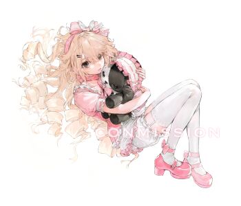 Rule 34 | 1girl, absurdres, baifeidaiwang, black eyes, blonde hair, bloomers, bow, choker, closed mouth, frills, full body, garter straps, hair bow, hair ornament, hairband, hairpin, headdress, highres, holding, holding stuffed toy, long hair, looking at viewer, original, pink bow, pink choker, pink headdress, pink shirt, pink shoes, puffy short sleeves, puffy sleeves, ringlets, shirt, shoes, short sleeves, simple background, solo, stuffed animal, stuffed dog, stuffed toy, thighhighs, underwear, white background, white bloomers, white thighhighs