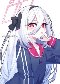 1girl 4rion absurdres black_bow black_hairband blue_archive blue_jacket blush bow commentary_request hair_between_eyes hair_bow hairband halo highres jacket kei_(blue_archive) kei_(student)_(blue_archive) long_hair_between_eyes long_sleeves looking_at_viewer open_mouth pink_eyes raised_eyebrow simple_background solo twitter_username white_background white_hair