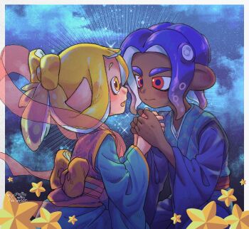 1boy 1girl alternate_hairstyle ariamikukanzaki blonde_hair blue_hair blue_kimono blush bow bow-shaped_hair cloud dark-skinned_male dark_skin hand_grab hetero highres hirooooo_(splatoon) inkling interracial japanese_clothes kataginu kimono night night_sky nintendo octoling pointy_ears red_eyes signature sky sparkle splatoon_(series) splatoon_3 tearing_up tears tentacle_hair veronika_(splatoon) very_dark_skin wide_sleeves yellow_eyes