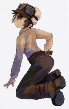 Rule 34 | 1girl, absurdres, ass, belt, black hair, black pants, boots, from behind, fur-trimmed headwear, fur trim, goggles, goggles on head, gun, handgun, highres, holding, holding gun, holding weapon, kino (kino no tabi), kino no tabi, kneeling, looking at viewer, looking back, pants, revolver, shirt, shoe soles, short hair, solo, taru153, weapon, white shirt