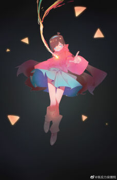 1girl absurdres ahoge black_background blue_hairband blue_skirt boots brown_hair di_yingli_bu_anmian_zhen full_body gravity_falls grin hairband highres hood hood_down hoodie index_finger_raised long_hair long_sleeves looking_at_viewer mabel_pines pink_hoodie puffy_sleeves skirt smile solo very_long_hair