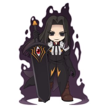 1boy aura black_coat black_eyes black_gloves black_hair black_pants boots brown_boots chibi chibi_only coat curtained_hair dark_aura full_body gloves holding holding_sword holding_weapon living_weapon long_hair looking_at_viewer male_focus official_art open_mouth pants ragnarok_online sakray simple_background solo standing sword transparent_background weapon yuichirou