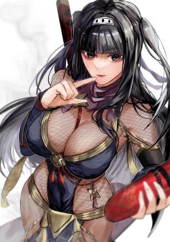 1girl akitsu_123 black_eyes black_hair blush breasts cleavage covered_erect_nipples curvy fire_emblem fire_emblem_fates fire_emblem_heroes fishnets hair_ornament hairband highres holding large_breasts long_hair nintendo official_alternate_costume open_mouth pointing simple_background smile smoke solo standing sword tharja_(fire_emblem) tharja_(ninja)_(fire_emblem) two_side_up weapon white_background wide_hips