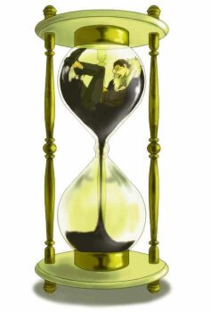 1boy crocodile_(one_piece) crossed_arms male_focus one_piece person_in_container sand simple_background sitting solo timer white_background