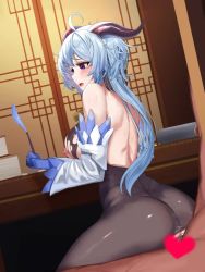 1boy 1girl ahoge alternate_breast_size animated back bare_back bare_shoulders bell blue_gloves blue_hair blush bodystocking bodysuit book breasts brown_bodysuit censored cowbell detached_sleeves from_behind ganyu_(genshin_impact) genshin_impact girl_on_top gloves goat_horns heart heart_censor hetero holding holding_quill horns large_breasts long_hair looking_at_viewer looking_back nipples open_mouth paper penis purple_eyes quill reverse_upright_straddle rinhee scroll sex sex_from_behind solo_focus table tagme torn_bodystocking torn_clothes video writing