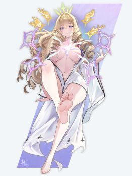 1girl absurdres barefoot blonde_hair blue_background blue_eyes blush breasts commentary crown_(naked_king)_(nikke) crown_(nikke) disembodied_hand drill_hair drill_sidelocks full_body goddess_of_victory:_nikke grey_background hair_censor hair_intakes highres invisible_chair large_breasts light_censor light_in_heart long_hair looking_at_viewer maya_(m4yatic) naked_robe navel official_alternate_costume open_clothes open_robe parted_lips robe sidelocks signature simple_background sitting smile soles solo sparkle_hair_ornament toes two-tone_background white_robe wide_sleeves