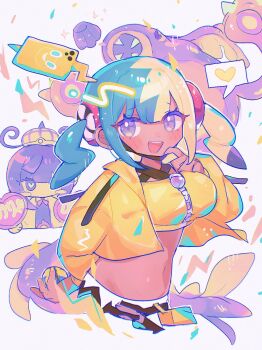 2girls :d black_dress black_hair blonde_hair blue_hair blush_stickers canari_(pokemon) coat crop_top cropped_jacket dress eelektross gen_4_pokemon gen_5_pokemon gwynn_(pokemon) hat heart heart-shaped_pupils highres holding holding_poke_ball jacket mega_eelektross multicolored_hair multiple_girls nintendo open_clothes open_coat open_jacket open_mouth poke_ball pokemon pokemon_(creature) pokemon_legends:_z-a purple_eyes purple_hair quick_ball rotom rotom_phone short_hair smile split-color_hair sushiuma_m symbol-shaped_pupils twintails white_coat yellow_jacket yuri