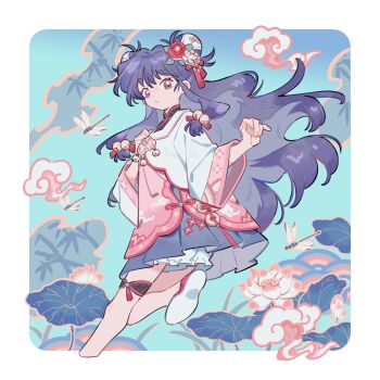 1girl bell bloomers blue_hair border bug cropped_legs double_bun dragonfly flower hair_bell hair_bun hair_flower hair_ornament hand_on_own_chest highres insect leg_ribbon long_hair looking_at_viewer lotus parted_lips ranma_1/2 red_eyes red_shoes ribbon shampoo_(ranma_1/2) shoes sidelocks siyer solo thigh_ribbon underwear wavy_hair white_bloomers white_border wide_sleeves