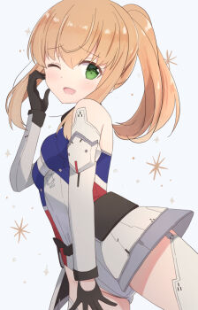 Rule 34 | 1girl, ;d, alice gear aegis, armor, bare shoulders, black gloves, blonde hair, blue leotard, blush, breasts, commentary request, cowboy shot, detached sleeves, faulds, gloves, gluteal fold, green eyes, hair between eyes, hand on own face, hand up, hide 0, leotard, long hair, long sleeves, looking at viewer, multicolored leotard, noelle francisca, one eye closed, open mouth, ponytail, showgirl skirt, sidelocks, simple background, small breasts, smile, solo, sparkle, thighhighs, white background, white leotard