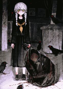 2boys absurdres adachi_tooru aji_(groongloon) bag bird black_bird black_serafuku black_shoes blood blood_from_forehead blood_on_face blood_on_ground blood_on_hands braid closed_mouth crossdressing crossdressing_(mtf) dark flyer full_body grey_hair highres holding holding_bag horror_(theme) implied_murder long_hair long_sleeves looking_at_viewer male_focus multiple_boys narukami_yu neckerchief night outdoors persona persona_4 railing red_eyes school_uniform serafuku shoes standing staring straight-on swept_bangs trash_bag trash_can twin_braids utility_pole yasogami_school_uniform yellow_eyes yellow_neckerchief
