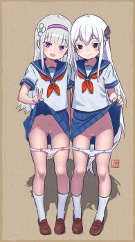 2girls :d absurdres bar_censor black_eyes black_skirt blue_sailor_collar blue_skirt bow bow_panties brown_shoes censored cleft_of_venus closed_mouth clothes_lift echidna_(re:zero) elementary_(lolipope) emilia_(re:zero) gluteal_fold hair_ornament hairband highres loli long_hair looking_at_viewer miniskirt multiple_girls neckerchief open_mouth panties panty_pull pleated_skirt purple_eyes purple_hairband pussy re:zero_kara_hajimeru_isekai_seikatsu red_neckerchief sailor_collar sailor_shirt school_uniform serafuku shirt shoes short_sleeves skirt skirt_lift smile socks standing underwear v very_long_hair white_hair white_panties white_socks