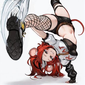 1girl alternate_costume animal_ear_fluff animal_ears arm_support arm_up belt black_gloves black_hair black_shirt black_shorts black_streaks blue_eyes breakdance breasts clothes_writing commentary cropped_jacket double-parted_bangs fingerless_gloves fishnets flexible gloves hair_between_eyes hakos_baelz hololive hololive_english jacket kicking klopsiak legs_up long_hair looking_at_viewer medium_breasts midriff mouse_ears mouse_tail multicolored_hair navel red_hair shadow sharp_teeth shirt shoe_soles shoes shorts single_sleeve smile streaked_hair tail teeth thigh_strap thighs underboob upside-down virtual_youtuber white_background white_hair white_jacket zipper
