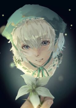 1girl 1other blue_eyes commentary_request flower from_above green_headscarf hair_between_eyes headscarf holding holding_flower looking_at_viewer nier nier_(series) pov pov_hands saku_39_33 short_hair smile white_flower white_hair yonah