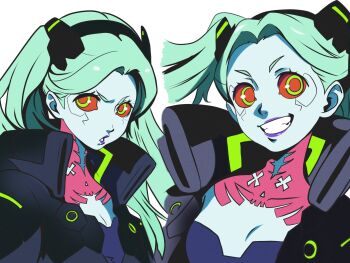 1girl absurdres breasts colored_sclera cyberpunk:_edgerunners cyberpunk_(series) female_focus green_eyes green_hair highres lipstick long_hair looking_at_viewer makeup matching_hair/eyes pale_skin rebecca_(cyberpunk) red_sclera small_breasts solo tattoo twintails upper_body windriftdraws