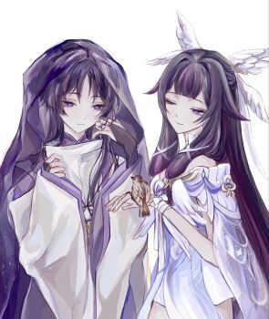 1boy 1girl alternate_hair_length alternate_hairstyle angel_wings bird bird_on_hand black_bridal_gauntlets blunt_bangs blunt_ends bow bowtie breasts bridal_gauntlets bright_pupils center-flap_bangs cleavage closed_mouth clothing_cutout columbina_(genshin_impact) cowlick crescent_print dress eurasian_tree_sparrow eyelashes eyeliner eyeshadow feathered_wings fingernails gem genshin_impact gold_ring hair_ornament hair_ribbon hair_tubes hand_in_own_hair hands_up highres japanese_clothes kariginu kimono layered_sleeves long_hair long_sleeves looking_at_another makeup medium_breasts middle_ring multicolored_hair multiple_wings off_shoulder one_eye_closed pink_hair purple_eyes purple_gemstone purple_hair purple_kimono purple_sleeves red_eyeliner red_eyeshadow renyupa ribbon scaramouche_(genshin_impact) scaramouche_(kabukimono)_(genshin_impact) see-through_clothes see-through_sleeves shoulder_cutout sketch smile sparrow streaked_hair tress_ribbon tsurime very_long_hair white_background white_bow white_bowtie white_dress white_pupils white_ribbon white_sleeves white_wings wide_sleeves wing_hair_ornament wing_ornament wings wispy_bangs wrist_bow