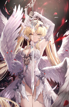 1girl arm_up armor armpits black_background blonde_hair blue_gem breasts claws cleavage commentary dress duet_night_abyss elbow_gloves falling_feathers falling_petals feathered_wings feathers flora_(duet_night_abyss) flower forehead forehead_jewel gem gloves head_wings highres holding holding_sword holding_weapon horns light_particles light_trail long_hair looking_at_viewer medium_breasts multiple_wings parted_bangs parted_lips petals red_flower red_petals red_rose rose solo sword thighs thorns transparent_sword twintails vardan very_long_hair weapon white_gloves white_wings wings yellow_eyes