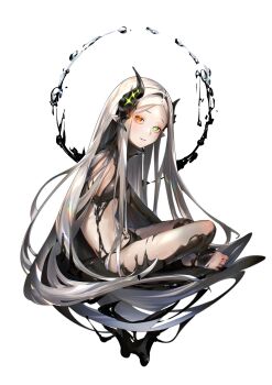 1girl bare_shoulders barefoot bikini black_bikini black_horns black_liquid breasts commentary forehead full_body glowing glowing_eye goddess_of_victory:_nikke green_eyes grey_hair heterochromia highres horns indian_style leviathan_(nikke) liquid_clothes long_hair looking_at_viewer nochi_22 parted_bangs parted_lips pointy_ears pubic_tattoo red_eyes sidelocks simple_background sitting small_breasts solo swimsuit tattoo turtleneck very_long_hair white_background