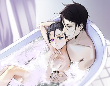 2boys absurdres age_difference bathtub bishounen black_hair black_nails blue_eyes blush ciel_phantomhive closed_mouth collarbone completely_nude eyelashes hair_between_eyes hair_slicked_back heterochromia highres kuroshitsuji lips male_focus multiple_boys nipples no_eyepatch nude onii-shota pale_skin purple_eyes red_eyes sebastian_michaelis shared_bathing short_hair soap_bubbles tareme uneasywolf water wet wet_hair yaoi