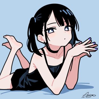 1girl ameniwa black_chemise black_choker black_dress blue_background chemise choker collarbone commentary dress english_commentary fingernails lying mixed-language_commentary nail_polish on_stomach original side_ponytail signature simple_background solo